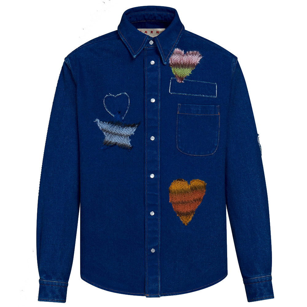 Blue Coated Denim Shirt With Mohair Patches 'Ocean'
