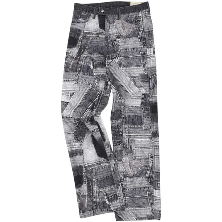 BRNO Patchwork Printed Wide Jeans (L) 'Black'