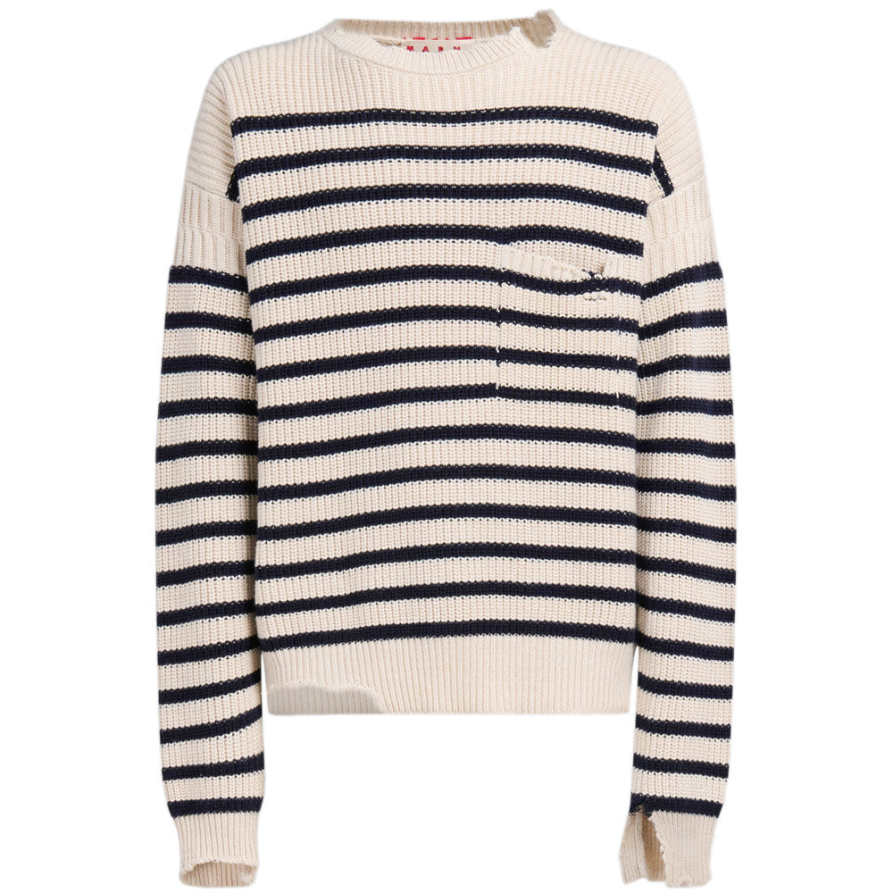 White Wool And Cotton Striped Fisherman Jumper 'Stone White'